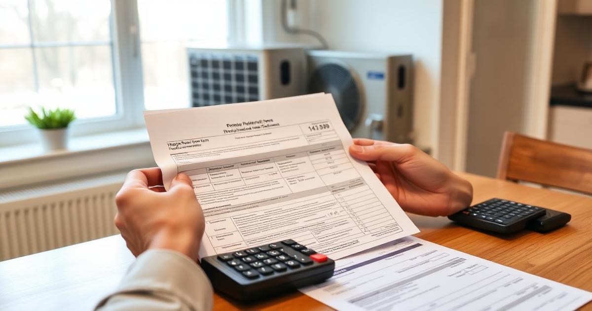 Homeowner reviewing a federal energy tax credit form and an HVAC replacement invoice with a heat pump outside the window