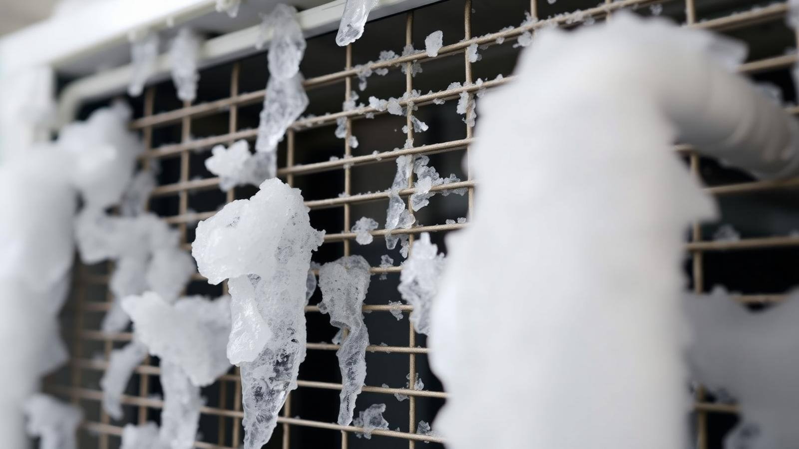 Frozen AC evaporator coil covered in ice Close-up of a residential air conditioner evaporator coil and refrigerant line caked in thick white ice and frost