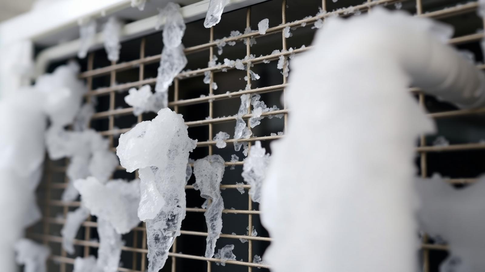 Close-up of a residential air conditioner evaporator coil and refrigerant line caked in thick white ice and frost
