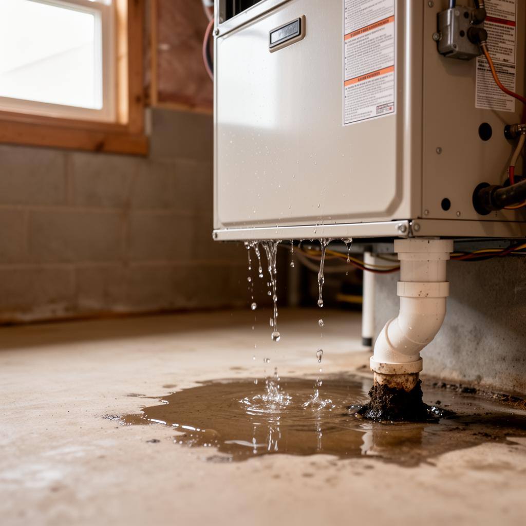 Water dripping from a residential AC air handler onto a basement floor next to a clogged PVC condensate drain line