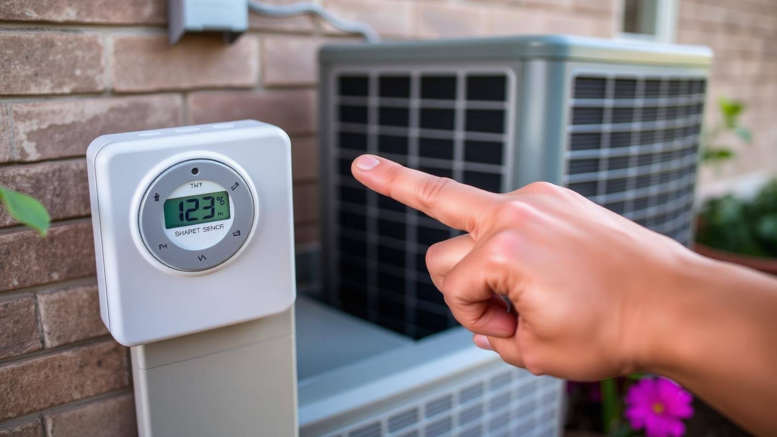 Air conditioner that will not turn on Homeowner pressing an unresponsive thermostat next to a silent outdoor air conditioner condenser on a summer afternoon
