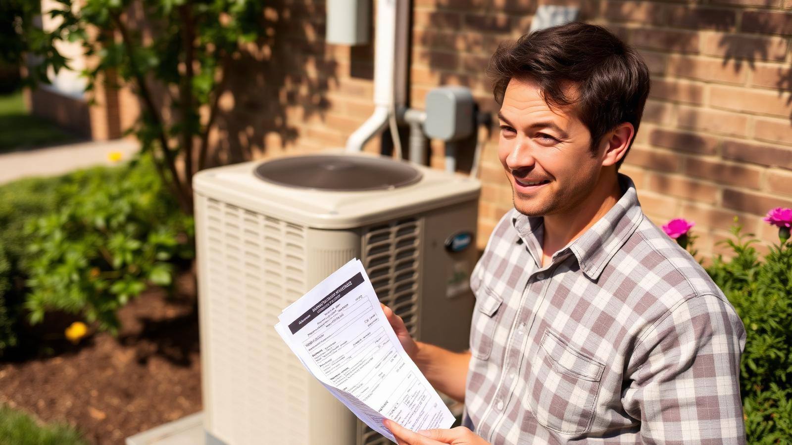 Reviewing a residential AC repair cost estimate Homeowner holding an air conditioner repair bill next to an outdoor AC condenser unit on a summer day