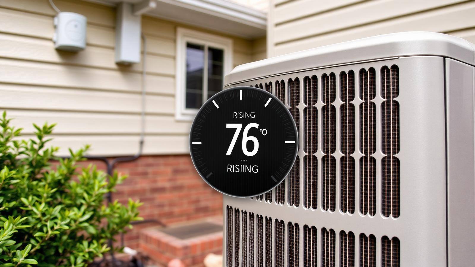 Outdoor residential air conditioner running on a hot day with a thermostat overlay showing rising indoor temperature