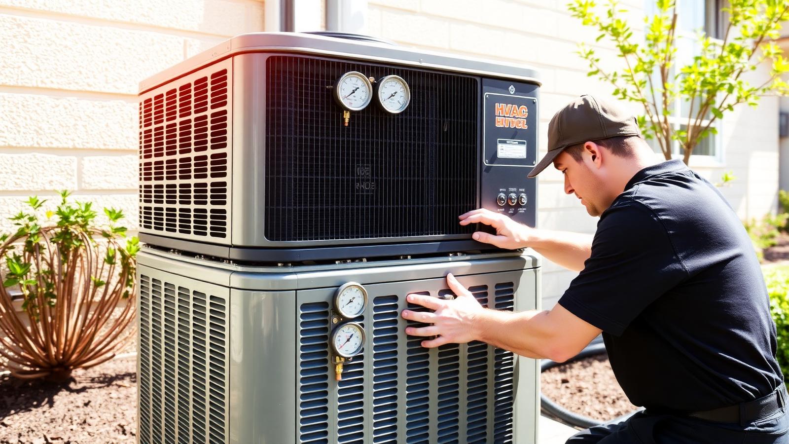 HVAC technician performing a spring AC tune-up on an outdoor residential air conditioner condenser with gauges attached