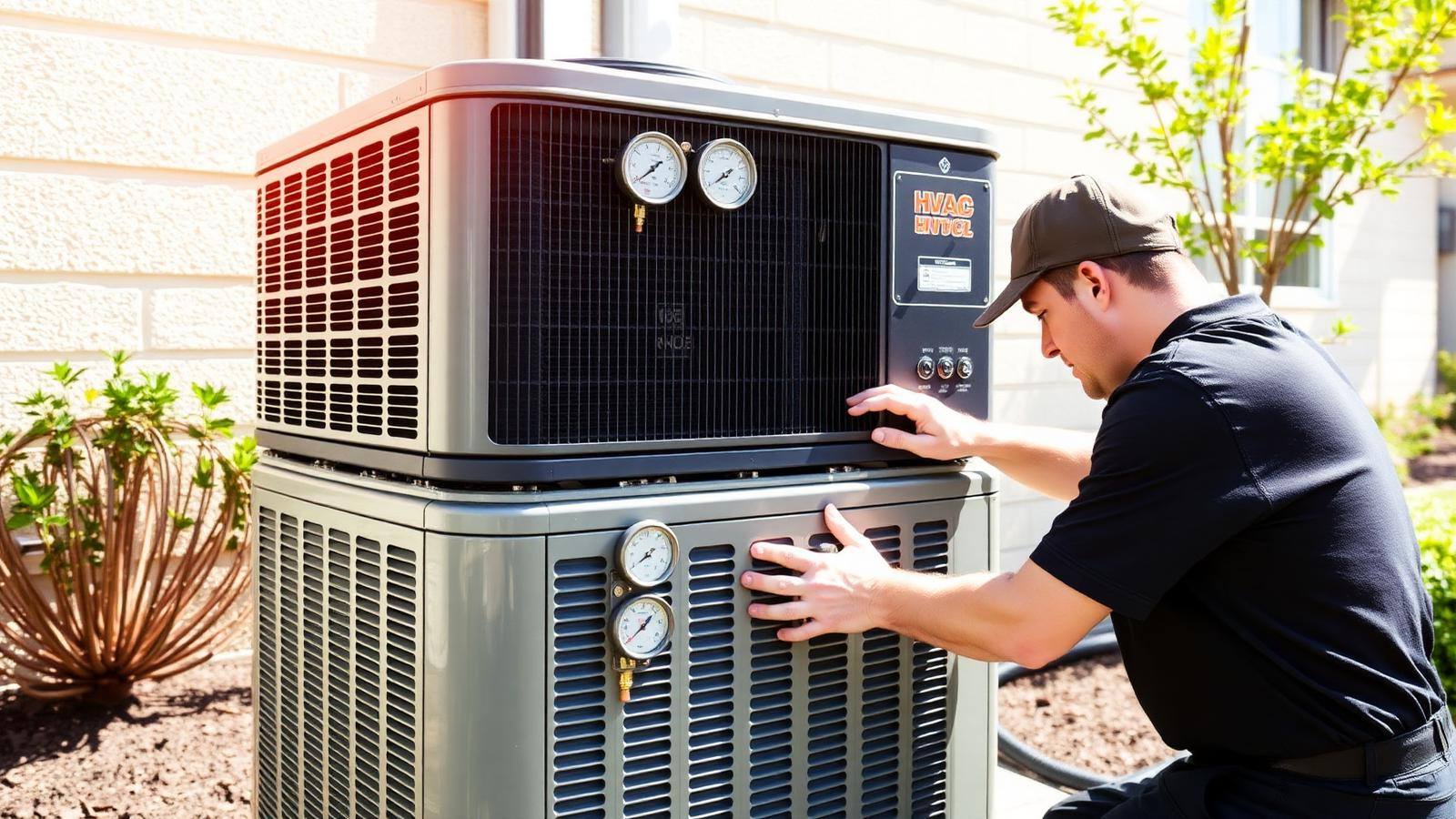 Spring AC tune-up on a residential condenser HVAC technician performing a spring AC tune-up on an outdoor residential air conditioner condenser with gauges attached
