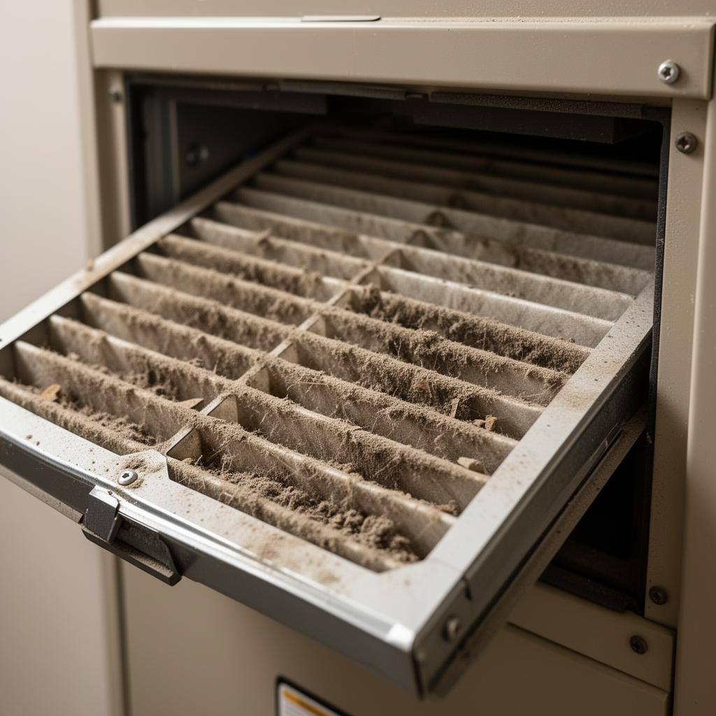 Dirty HVAC air filter pulled from a furnace Dust-clogged HVAC air filter pulled out of a residential furnace return showing heavy debris on the pleats