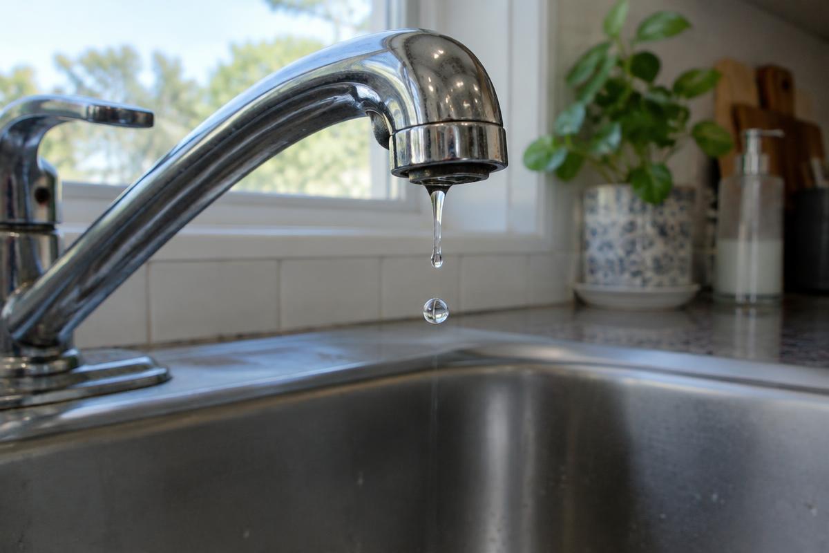 A dripping chrome kitchen faucet releasing a single water droplet into a stainless steel sink
