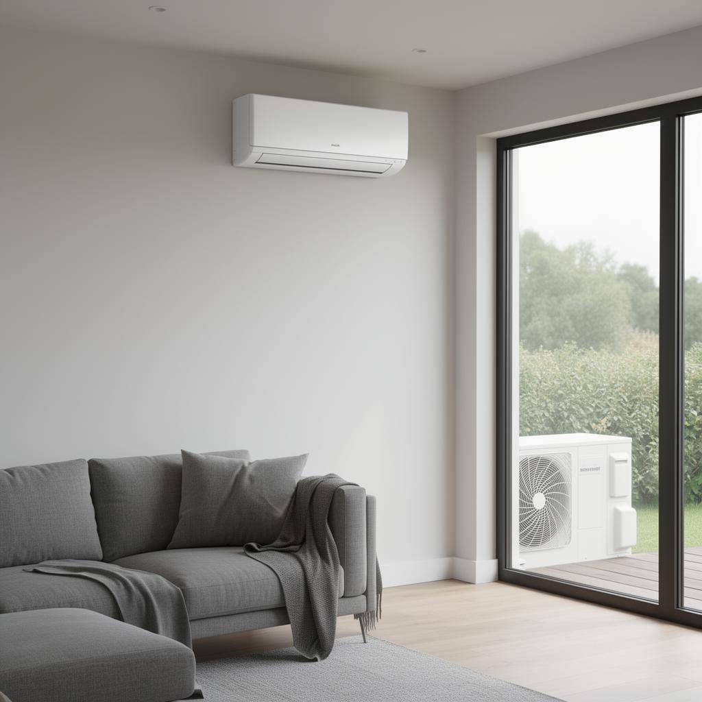 Wall-mounted ductless mini-split indoor air handler with outdoor condenser visible through a window