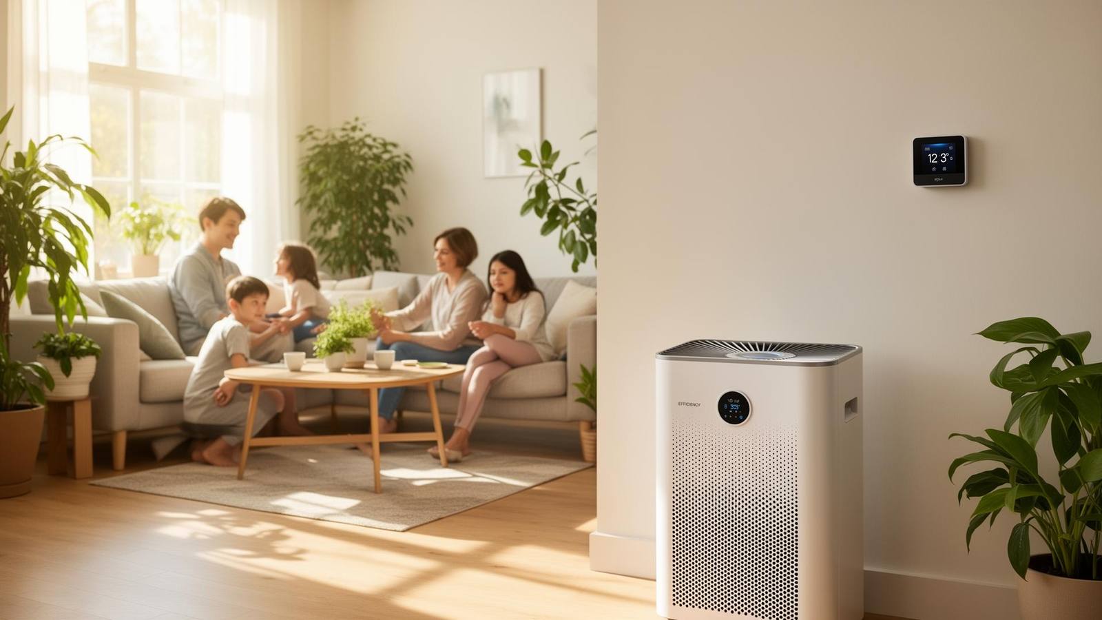 EPA indoor air quality logo overlay on a clean modern home living room with HVAC vents