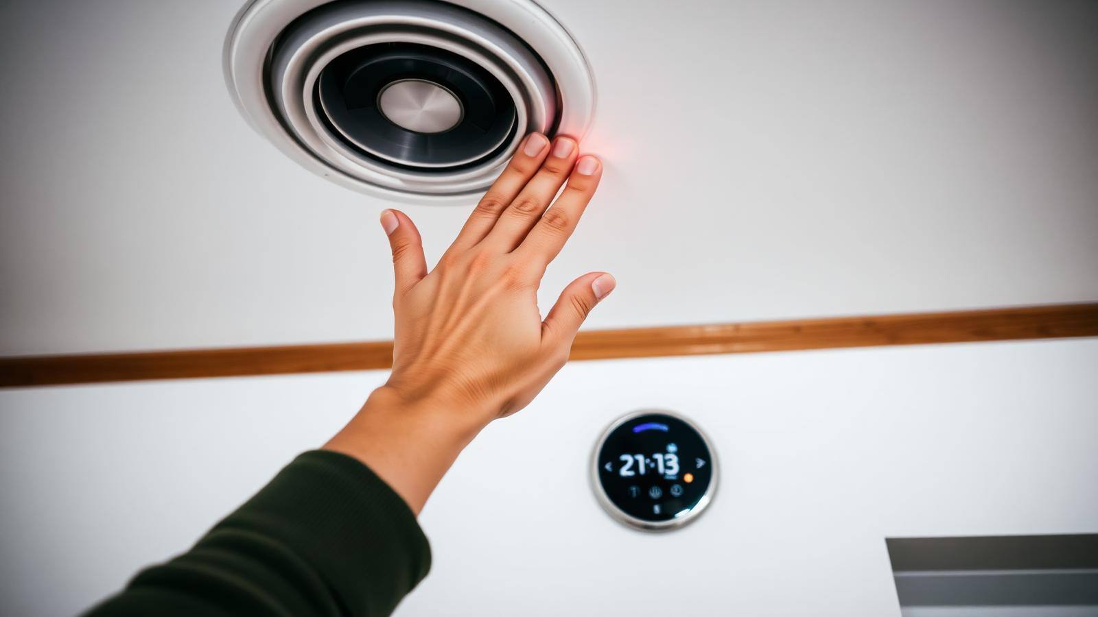 Furnace blowing cold air from a supply vent Hand held up to a ceiling supply vent feeling cold air with a smart thermostat set to heat in the background