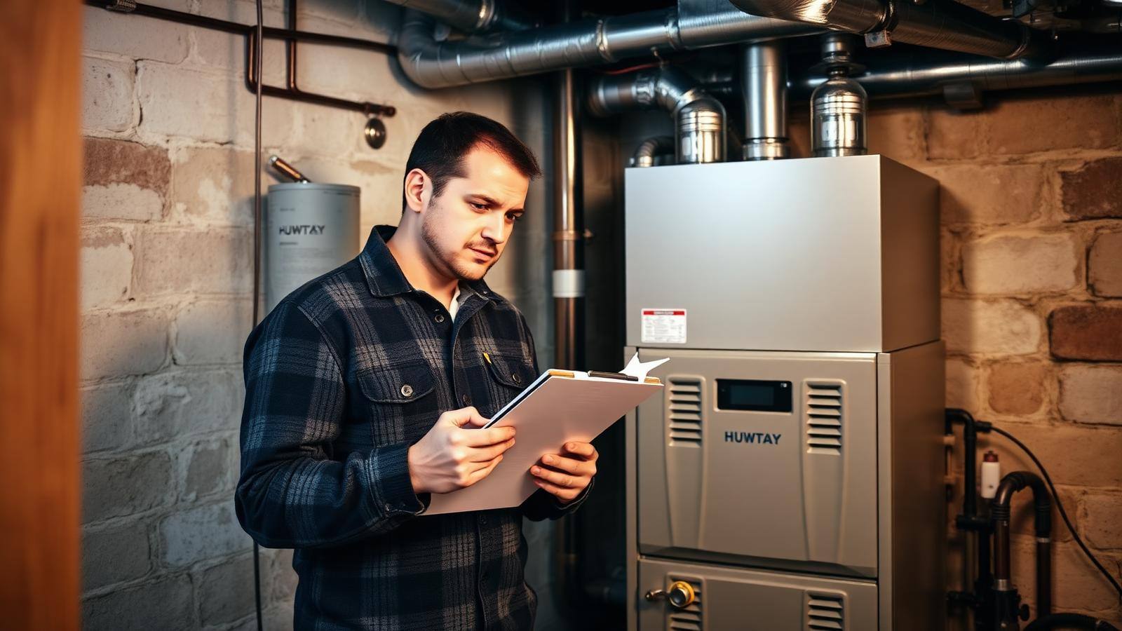 HVAC technician reviewing a winter furnace maintenance checklist beside a residential gas furnace in a basement