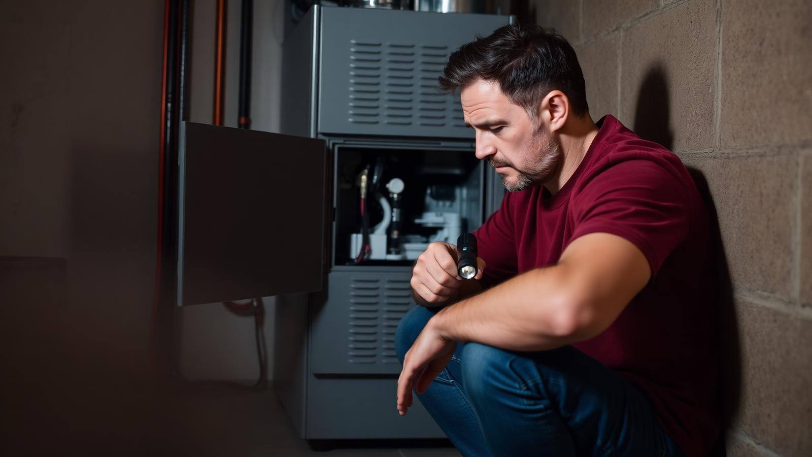 Troubleshooting a furnace that will not turn on Homeowner crouched in front of a silent residential furnace with the access panel open and a flashlight in hand