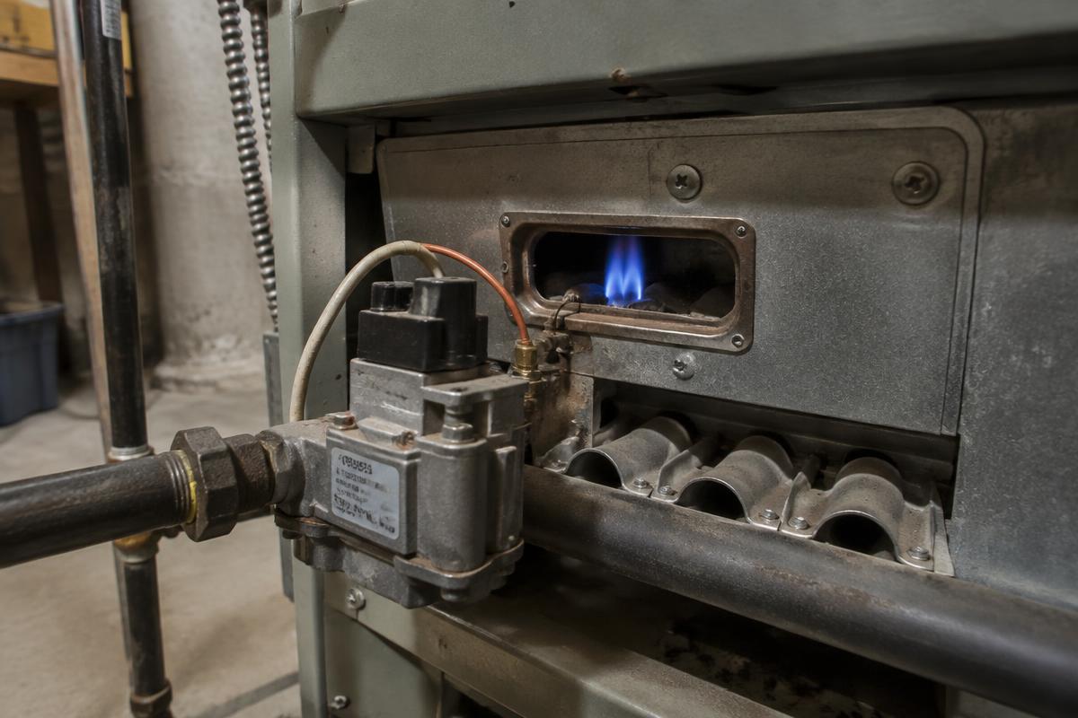 Close up of a residential gas furnace pilot light burning blue behind the inspection port next to the gas valve