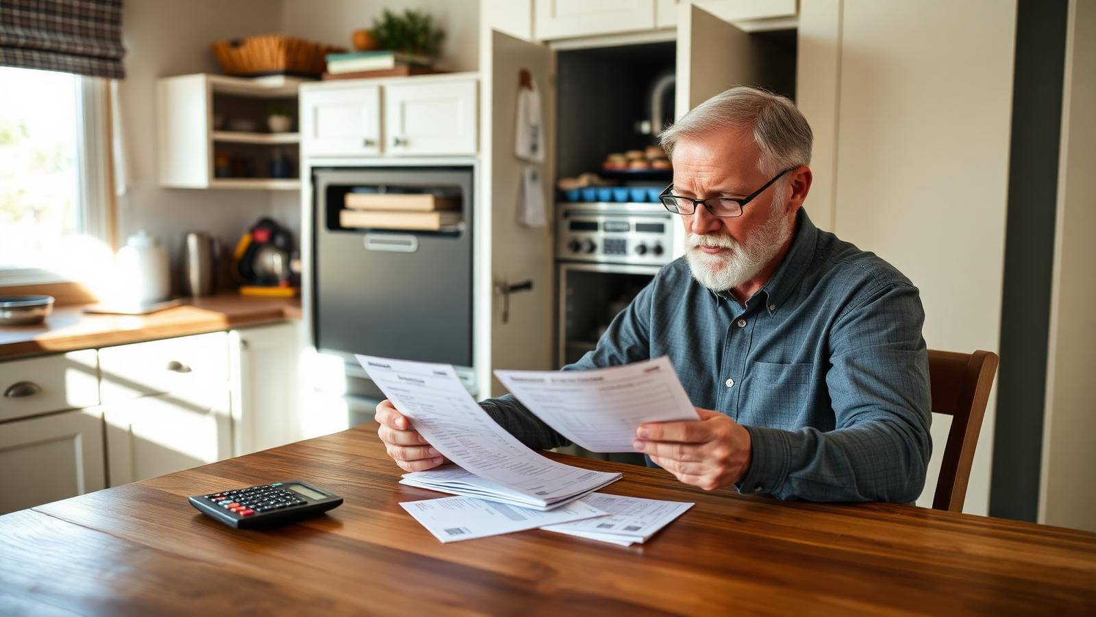 Reviewing a residential furnace repair cost estimate Homeowner reviewing a furnace repair invoice and calculator at a kitchen table next to repair paperwork
