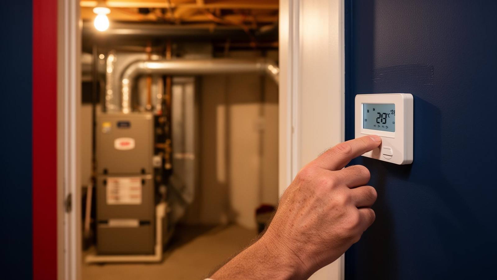 Furnace short cycling diagnostic in a Central Illinois home Homeowner adjusting a thermostat with a short cycling residential gas furnace visible in the basement behind