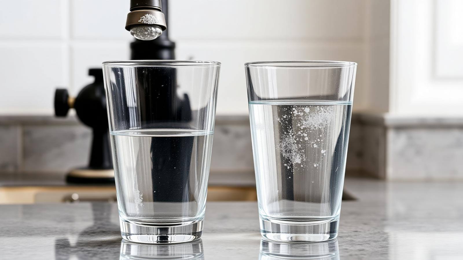 Hard water vs soft water comparison Two clear drinking glasses side by side on a kitchen counter showing mineral scale hard water next to clean soft water