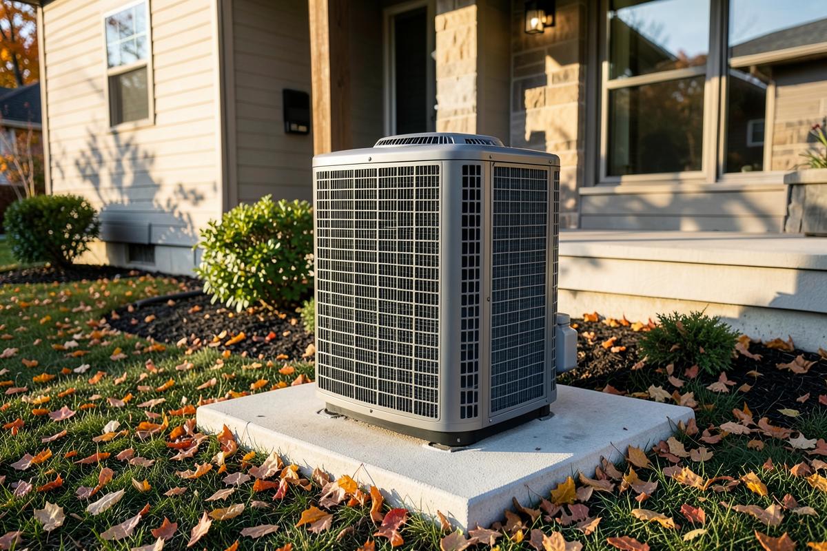 Air source heat pump installed at a Central Illinois home Outdoor air source heat pump condenser unit installed on a concrete pad beside a Central Illinois home in autumn