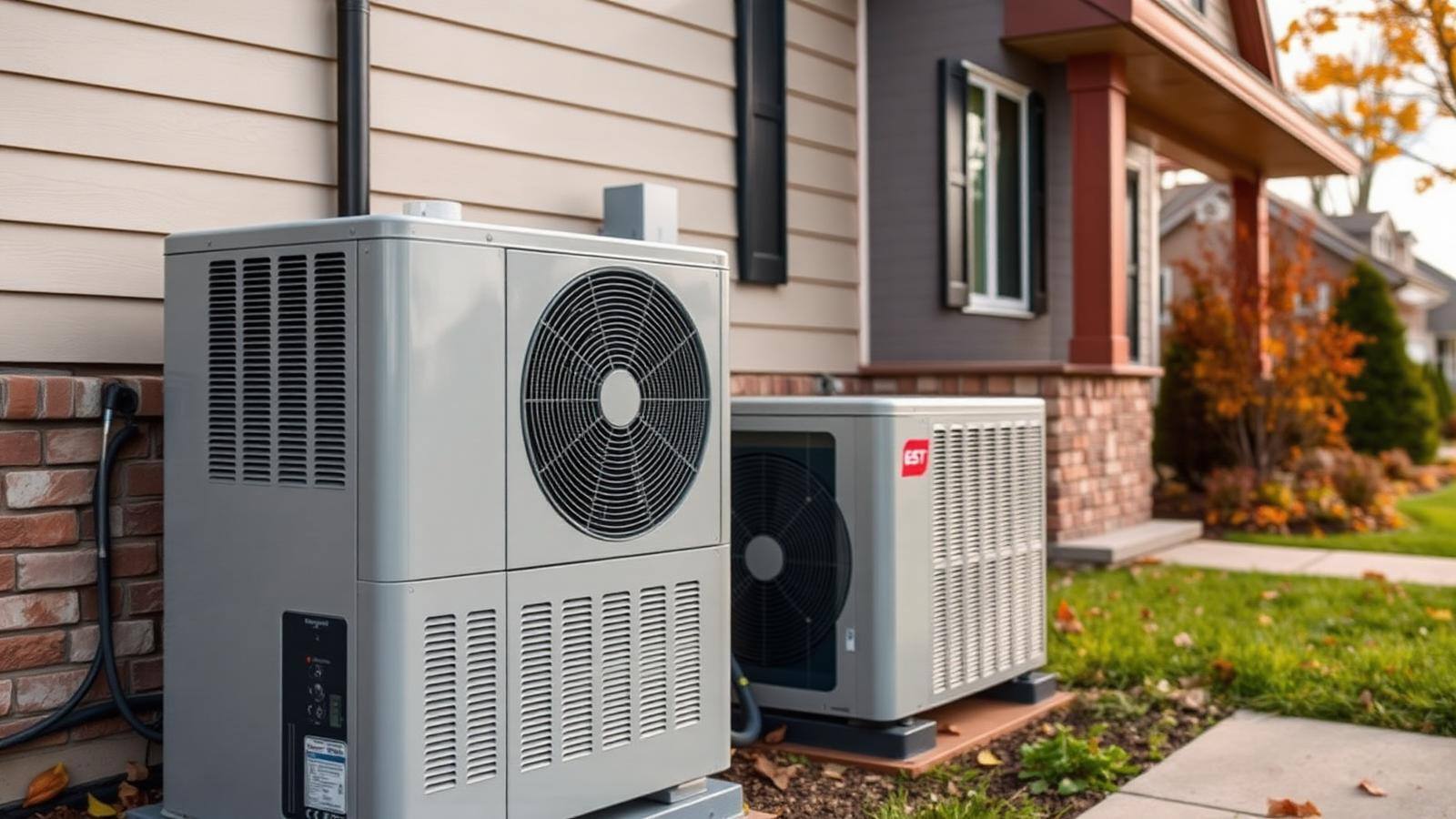 Modern residential heat pump outdoor unit installed next to a Midwestern home in a transitional season