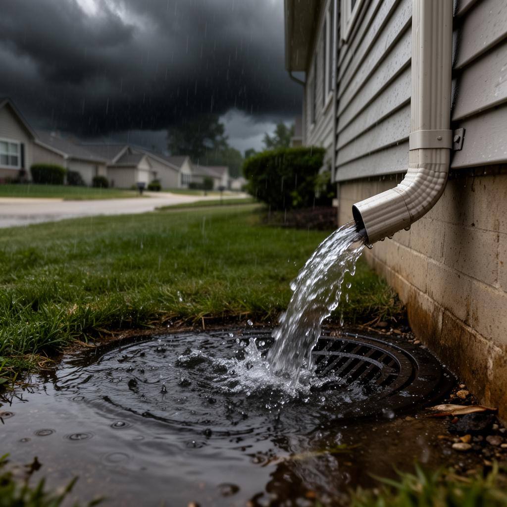 Heavy rain pouring from a downspout into a residential storm drain at a Central Illinois home