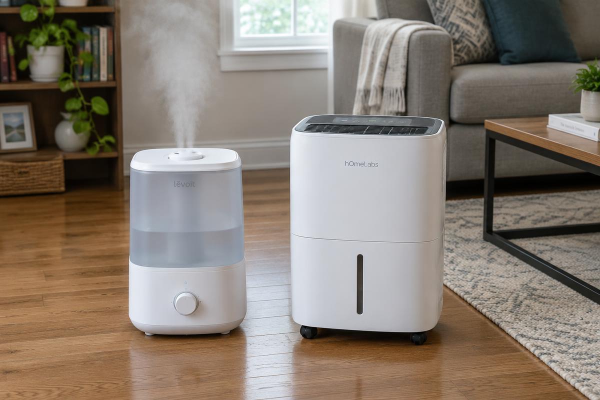 A portable humidifier releasing mist beside a portable dehumidifier on a wood floor in a home living room