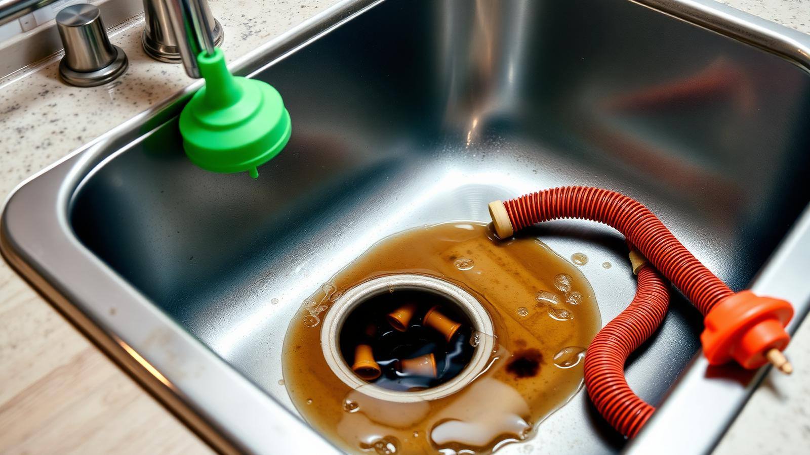 Clogged kitchen sink drain with standing water Clogged stainless steel kitchen sink drain with standing dirty water, plunger, and a drain snake on the counter