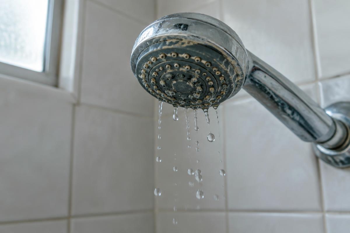 A leaking chrome shower head dripping water in a tiled bathroom with mineral scale visible on the nozzles