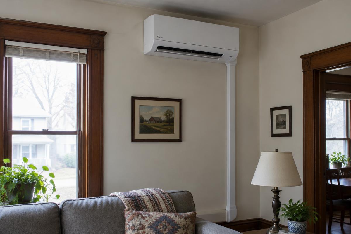 White ductless mini split head mounted high on a living room wall of an older home with a visible line set cover