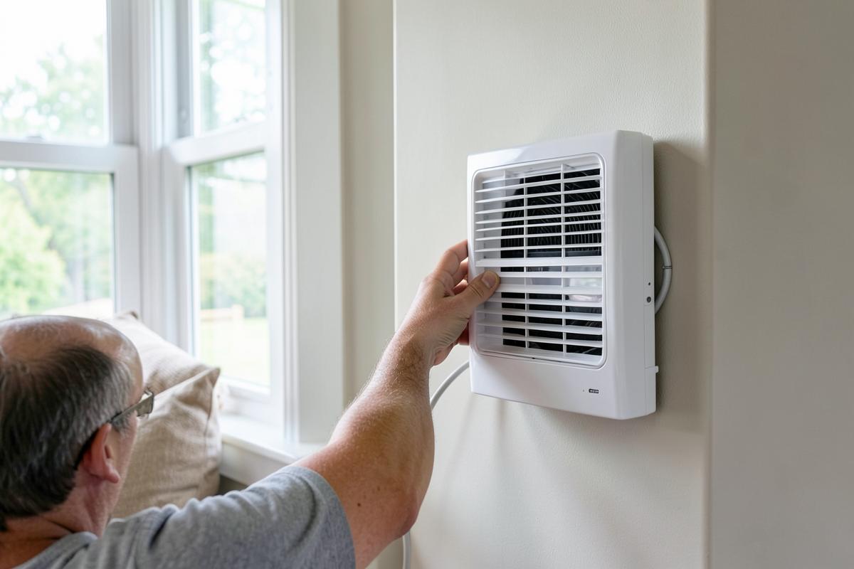 Ductless mini split installation in a Central Illinois home Technician mounting a white ductless mini split indoor air handler on a living room wall during installation