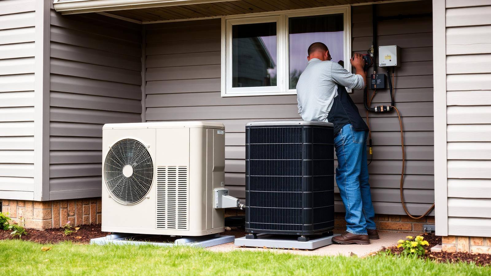 Newly installed residential outdoor air conditioner condenser unit beside a suburban Midwestern home with a technician finishing hookup