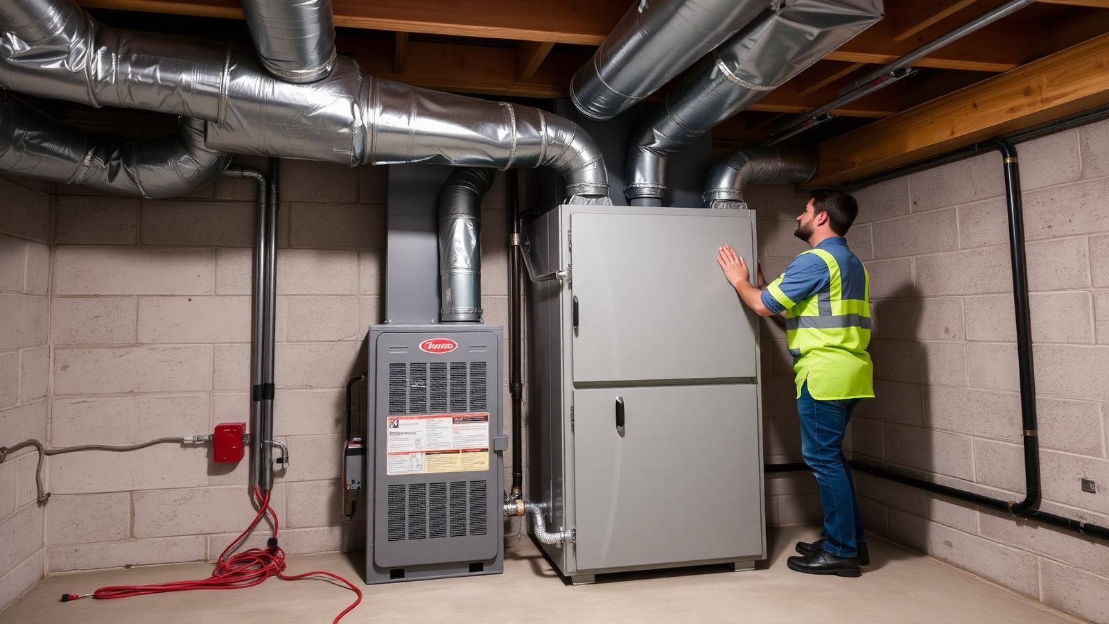 Newly installed high-efficiency residential gas furnace with sealed ductwork in a clean basement utility room