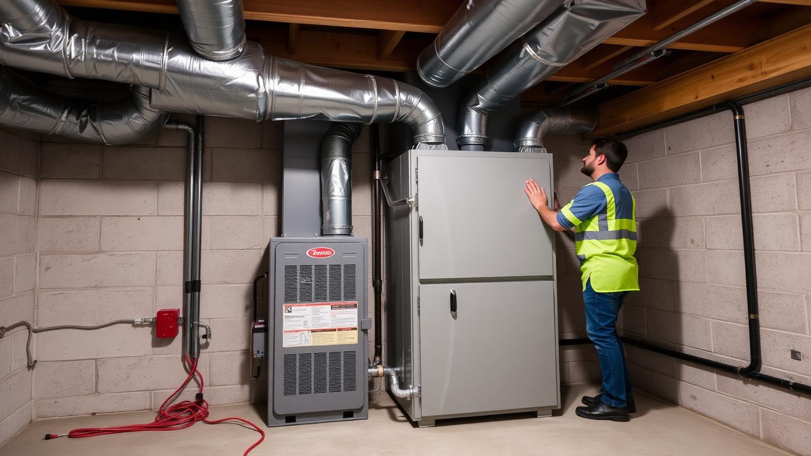 New high-efficiency furnace installation cost Newly installed high-efficiency residential gas furnace with sealed ductwork in a clean basement utility room