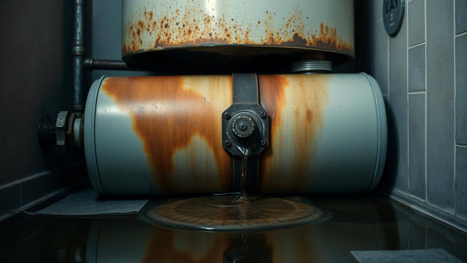 Rusted leaking residential water heater tank in a utility closet with water pooling on the floor below