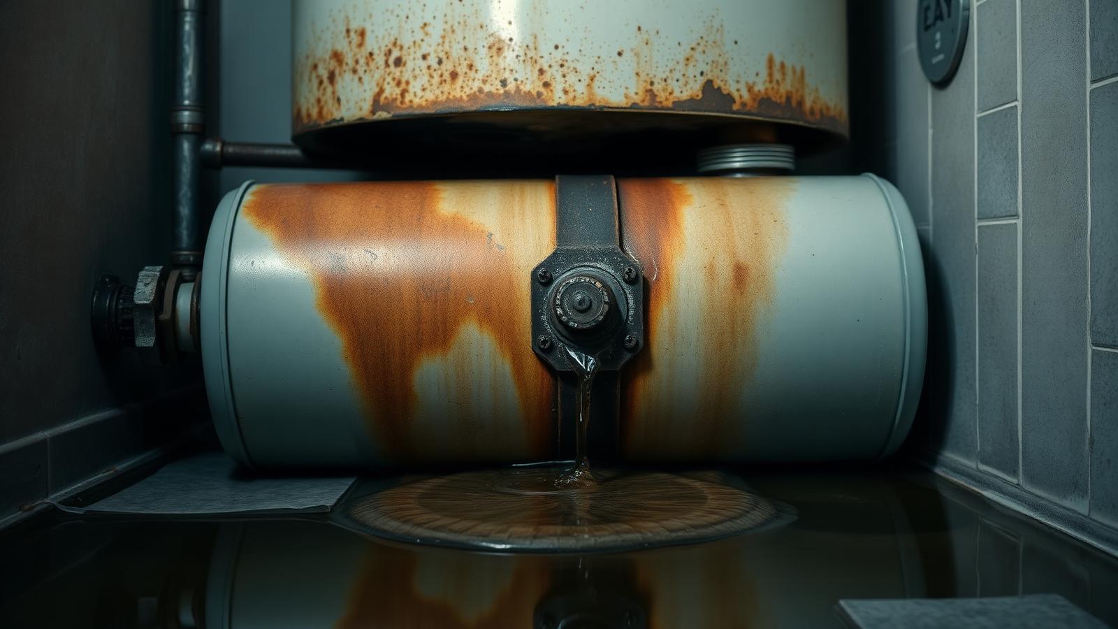 Rusted leaking residential water heater tank in a utility closet with water pooling on the floor below