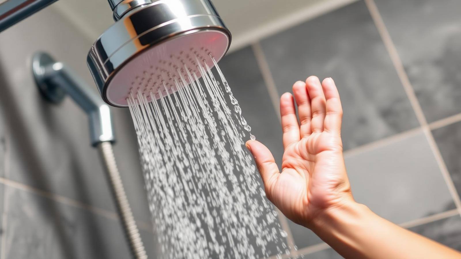 No hot water coming from the shower Hand under a shower head with only cold water running and no visible steam, illustrating a no hot water bathroom problem