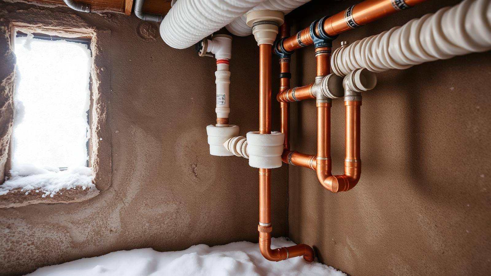 Exposed copper plumbing pipes wrapped in foam pipe insulation in a cold basement with frost on the basement window
