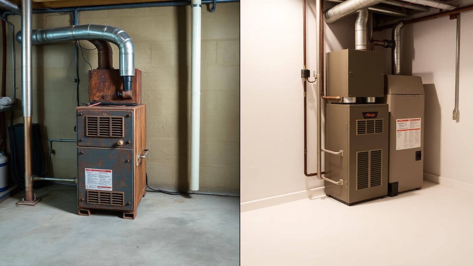 Repair or replace your furnace comparison Side-by-side comparison of an old rusted residential furnace and a new high-efficiency furnace in a basement