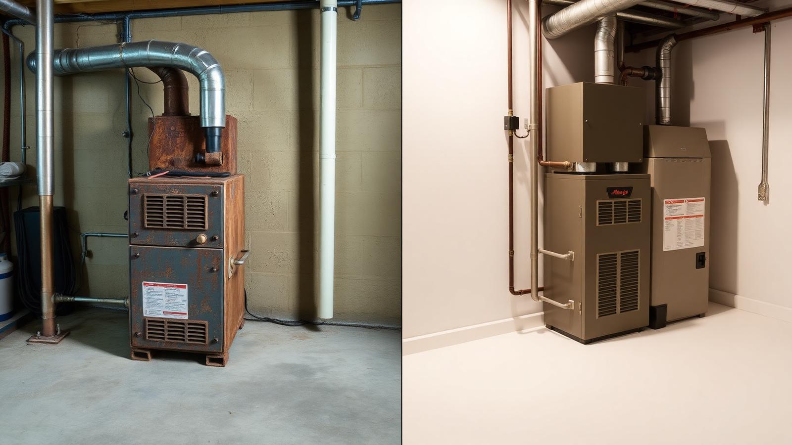 Side-by-side comparison of an old rusted residential furnace and a new high-efficiency furnace in a basement