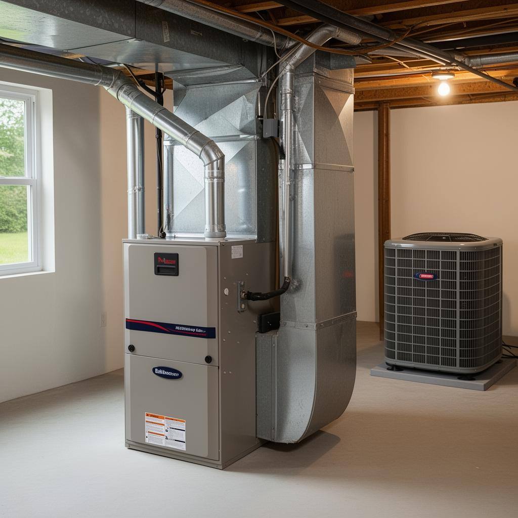 Matched furnace and AC replacement in a Central Illinois home New matched residential gas furnace and central air conditioner installed together in a Central Illinois home utility room