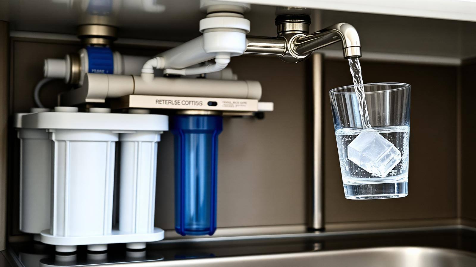 Under-sink reverse osmosis water filtration system filling a clear glass of purified drinking water at the dedicated faucet