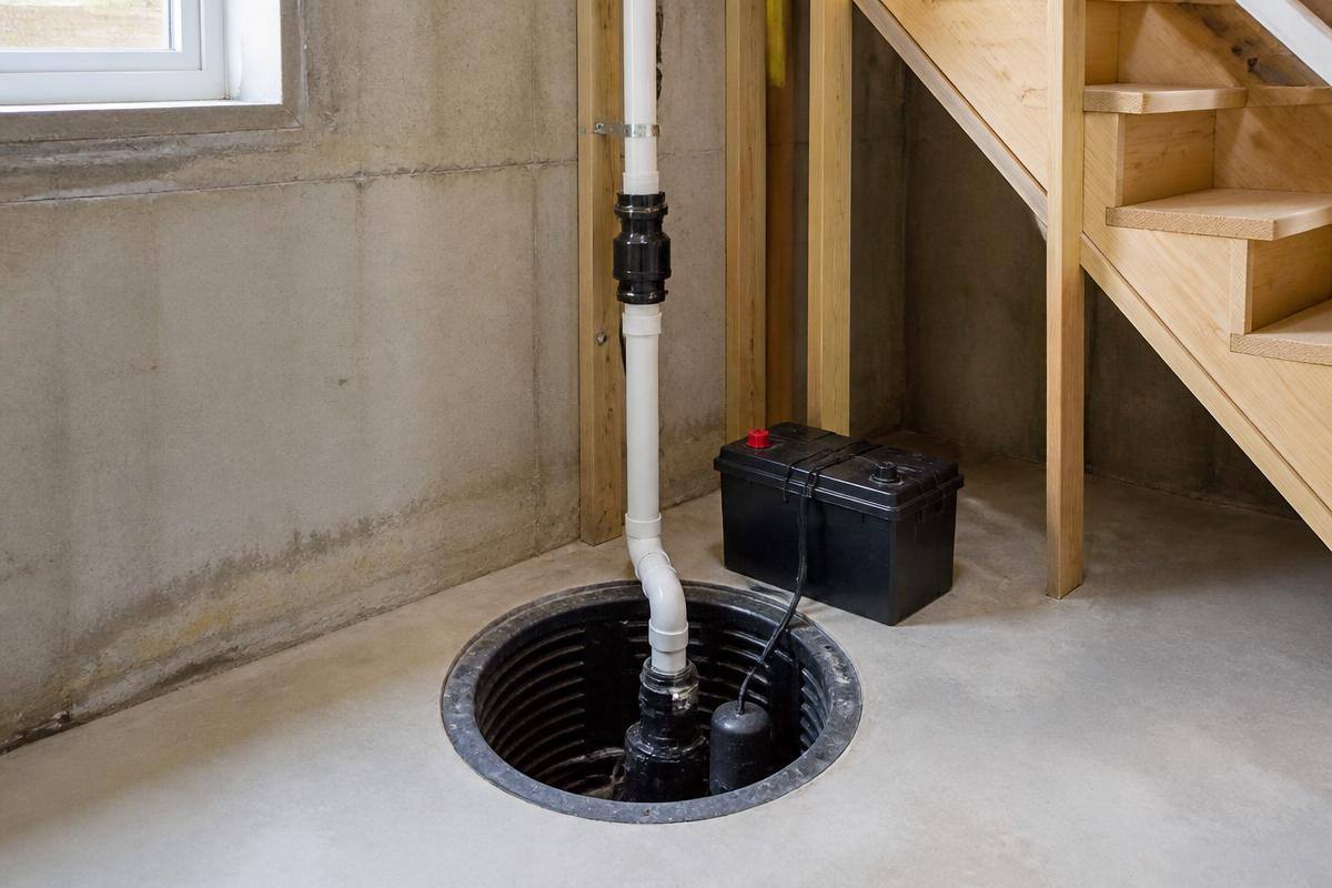 Newly installed submersible sump pump in an open basement sump pit with PVC discharge pipe and battery backup unit