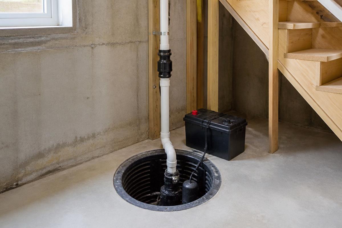 Newly installed submersible sump pump in an open basement sump pit with PVC discharge pipe and battery backup unit