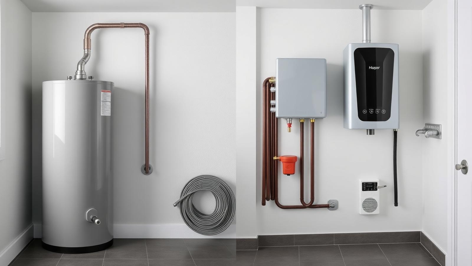Side-by-side comparison of a traditional tank water heater and a modern wall-mounted tankless water heater in a clean utility room