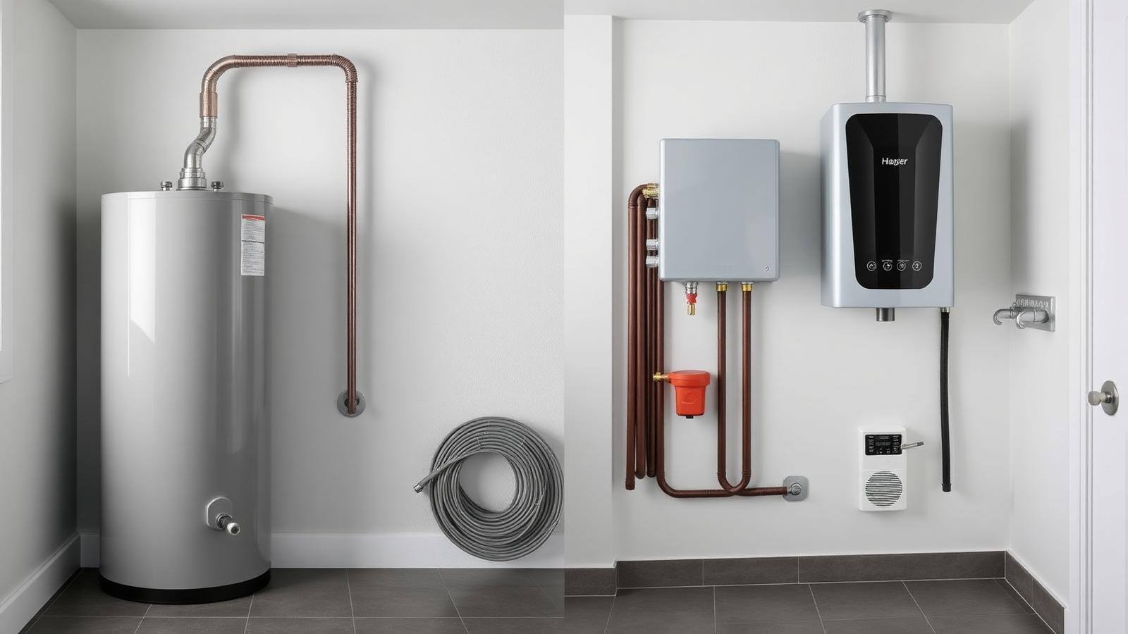 Tank vs tankless water heater comparison Side-by-side comparison of a traditional tank water heater and a modern wall-mounted tankless water heater in a clean utility room