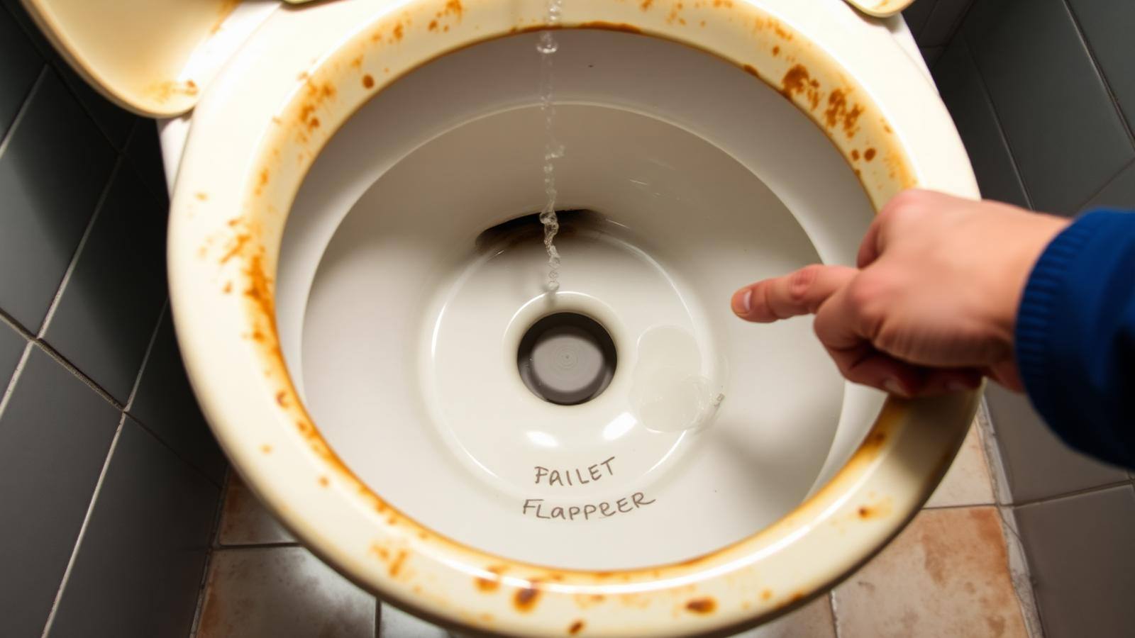 Open toilet tank showing a worn flapper and running water with a plumber hand pointing at the fill valve assembly