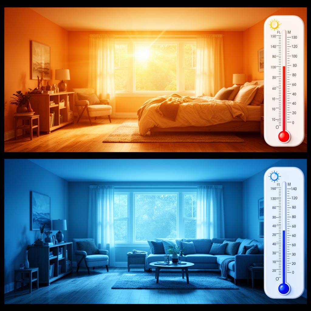 Side-by-side comparison of a hot sunlit upstairs bedroom and a cooler downstairs living room