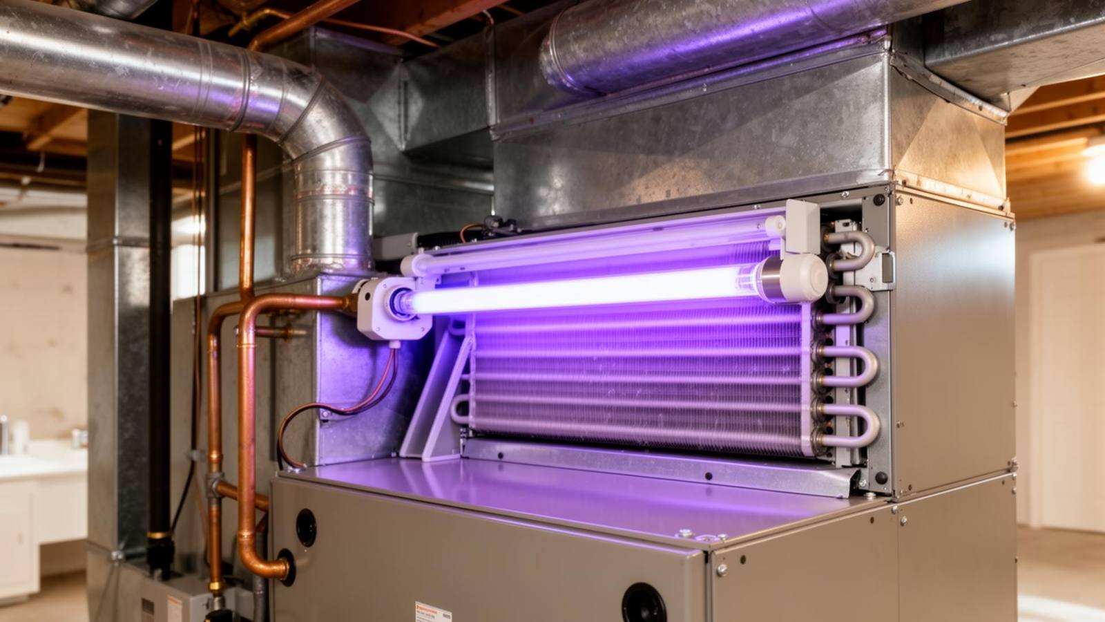 UV-C germicidal light installed on a residential HVAC evaporator coil inside an air handler