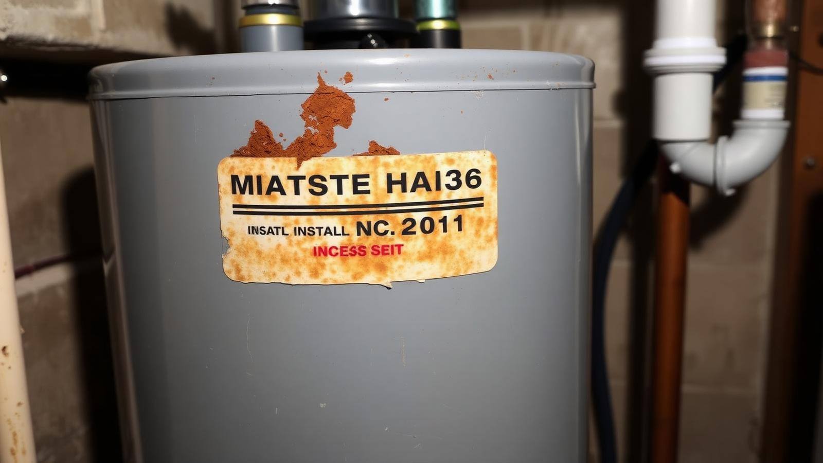 Aging residential water heater tank with visible rust and a manufacturer label showing an older installation date