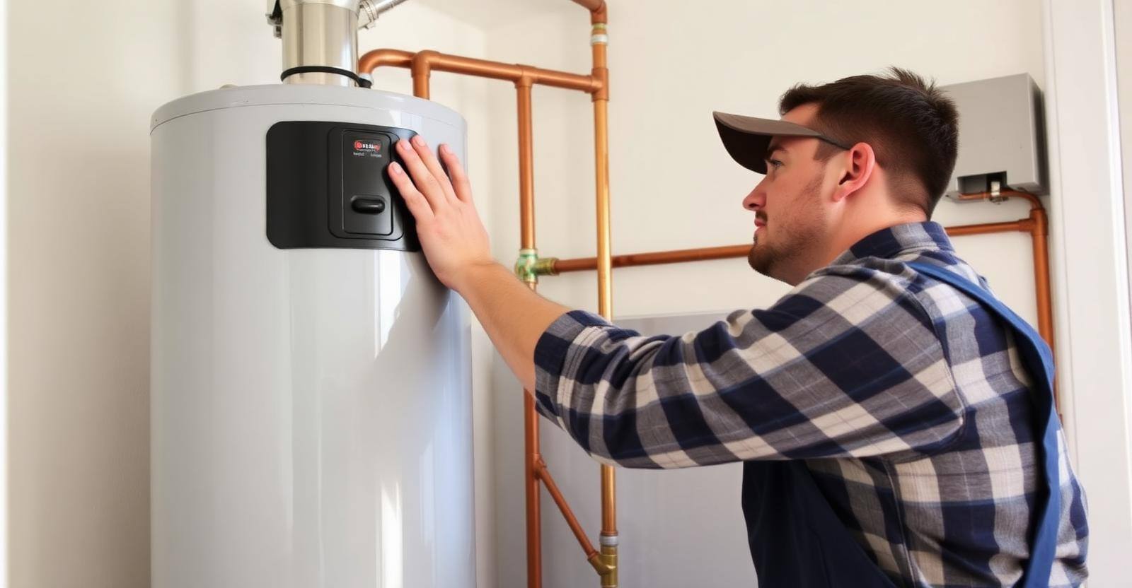 Plumber replacing a residential 50-gallon tank water heater in a Central Illinois utility room