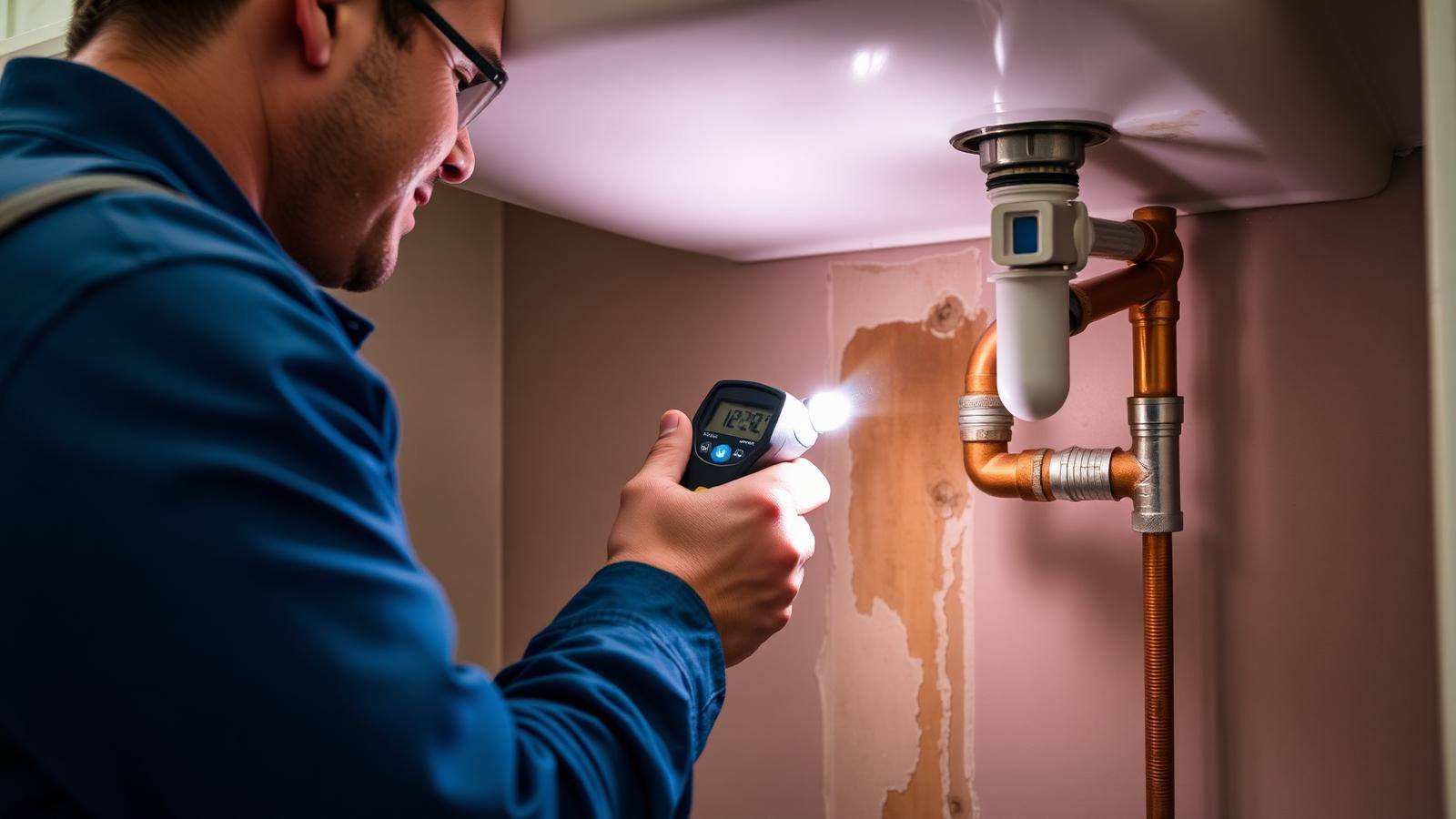 Plumber using a moisture meter on damp drywall under a kitchen sink while inspecting a copper water line for a leak