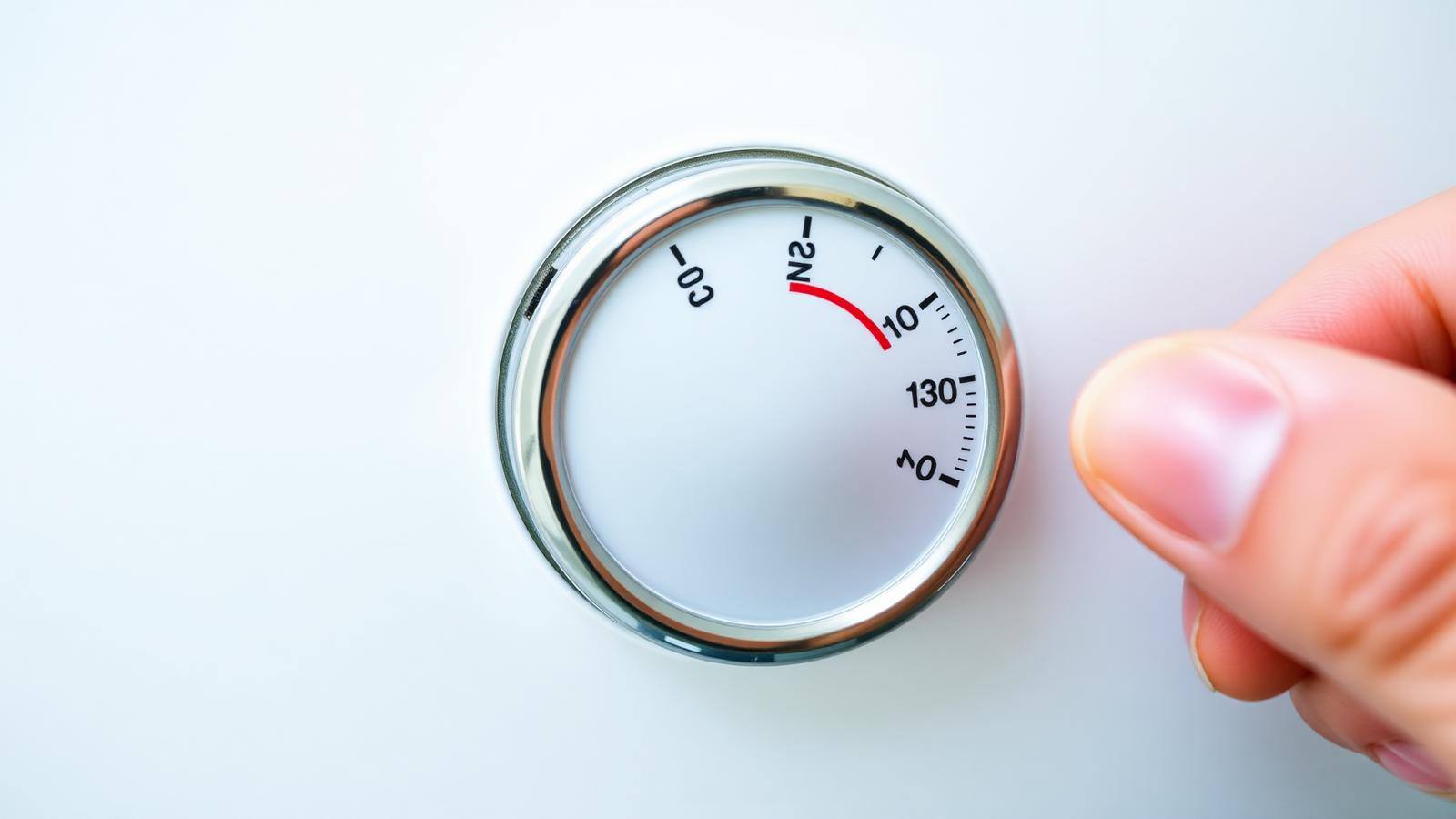Close-up of a residential water heater thermostat dial set above 130 degrees with a hand adjusting the temperature setting